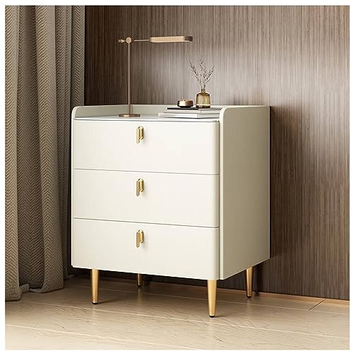 Mid Century Moderner Nachttisch aus Kunstleder mit Marmor-Muster, gesinterter Steinplatte, 3 Schubladen, Schlafzimmerschrank, Organizer, Beige