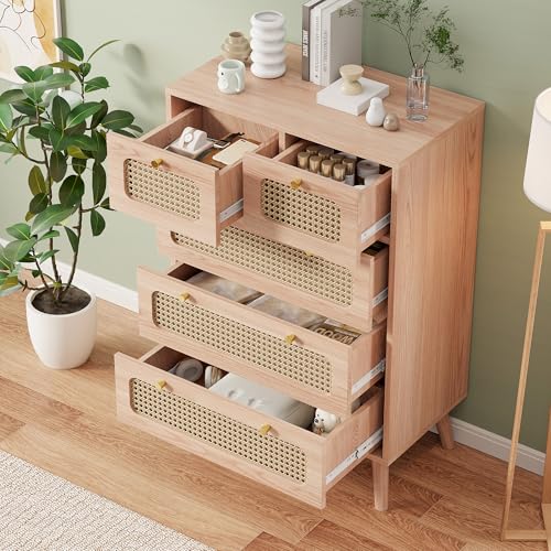 Rattan-Nachttisch mit 5 Schubladen, Nachttisch mit Griffen, vielseitiger Nizer für Schlafzimmer, Flur und Wohnzimmer, stilvolle und funktionale Möbel (5 Schubladen, Farboptionen)