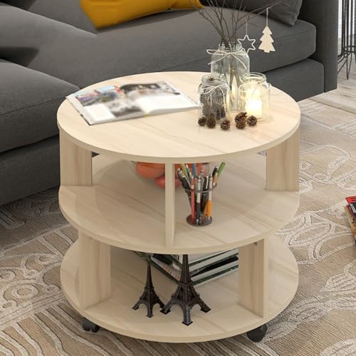 Moderner runder Couchtisch mit 2 Etagen und Rollen, stilvoller Nachttisch aus Holz, stabiler Akzenttisch für Wohnzimmer und Schlafzimmer, natürliche Farbe, Cocktailtisch