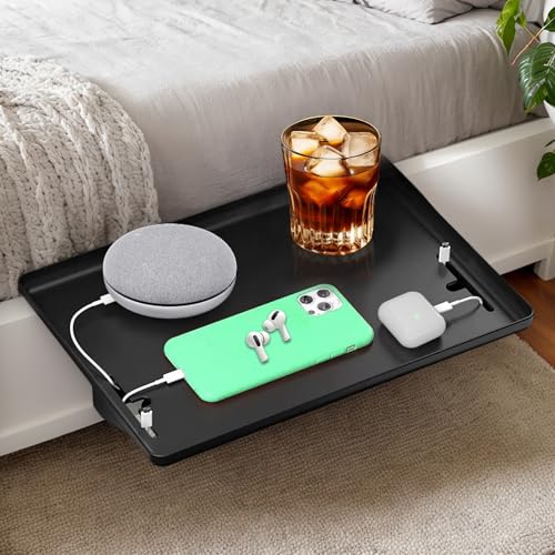 SHYICHENG Nachttisch Regal mit Kabelführung, Clip-On Bettregal, Tablett-Organizer für Bett, Schwarz, Kabelschlitze, Platzsparend für Handy, Bücher & Mehr