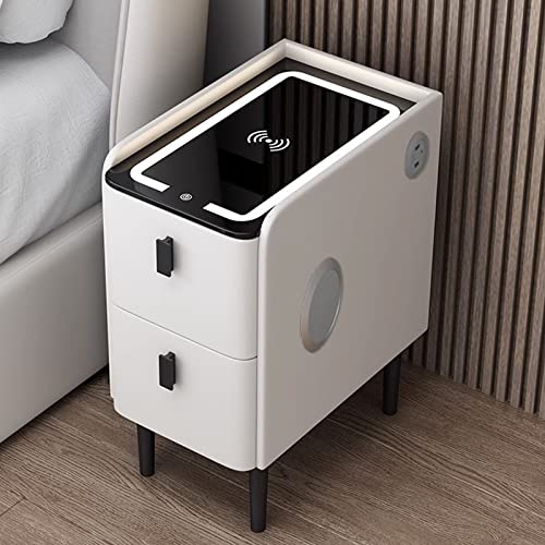 Nachttisch mit LED-Licht, Schublade und USB-Ladeanschluss, weißer Nachttisch für Schlafzimmer, kleine und schmale Nachttischmöbel
