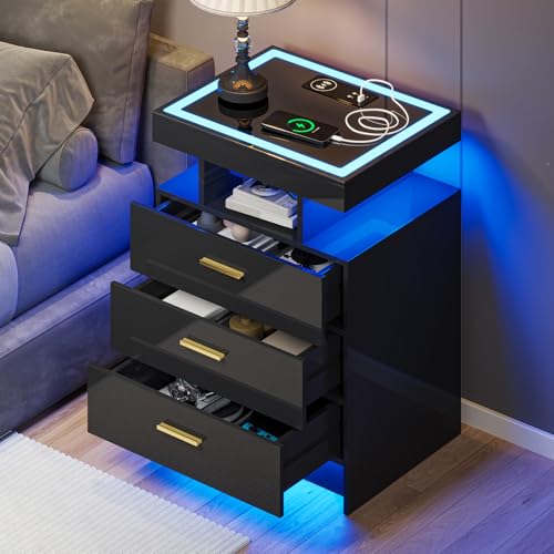Gurexl Smart Nachttisch mit Kabellosem Laden & LED,Schubladenschrank Bedside Table mit Hochglanz Glasplatte und 3 Schubladen&1 Offenes Fach,für Bedroom,Office,Living Room Sofa,Schwarz