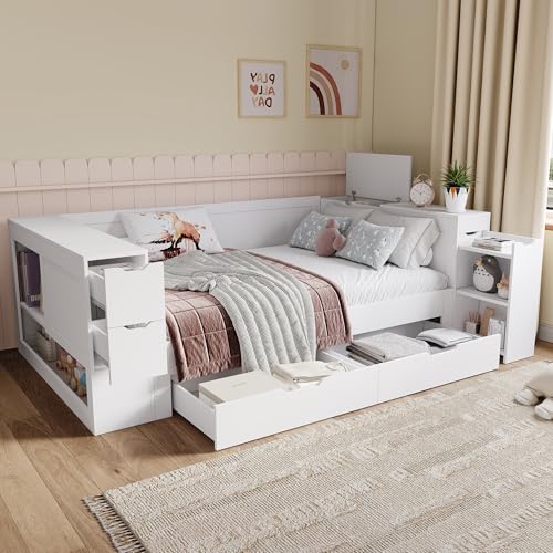 Doyisy Kinderbett,Daybed, 90 x 200 cm, Einzelbett, multifunktionales Kinderbett mit Schubladen, Regalen und Stauraum, mit nachttisch,mit Stauraum, ohne Matratze, weiß