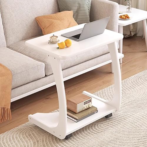 Moderner Beistelltisch aus Massivholz mit 2 Ebenen, rollbarer Couchtisch, doppellagig, Sofa, Akzentschrank, stilvoller Nachttisch für Wohnzimmer (Farbe: Weiß)