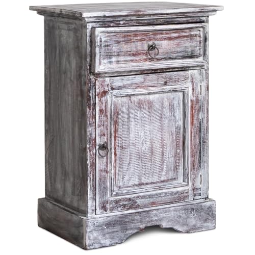 livasia Balinesischer Nachttisch – 45x30x60cm – Vintage Kommode, Wohnzimmer Kommode im Landhausstil aus Albiziaholz, Handgefertigt und Nachhaltig aus Bali, Shabby Look (Whitewash)