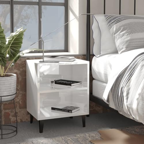 Gecheer Nachttisch Nachtschrank Nachtkonsole Nachtkommode Schlafzimmer Schrank Kommode Beistelltisch mit Metallbeinen Hochglanz-Weiß 40x30x50 cm