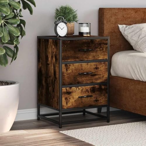 SDWEHO7 Nachttisch mit 3 Schubladen, Büroschrank, Beistelltisch, Sofatisch für Schlafzimmer Wohnzimmer Bad, Räuchereiche 40x34,5x60 cm Holzwerkstoff und Metall
