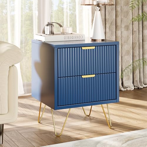 RXMORI Kommode mit 2 Schubladen, Nachttisch, Beistelltisch, mit Ärmeln und Beinen in goldfarbener Farbe, moderner Stil, skandinavischer Stil, für Wohnzimmer, Schlafzimmer, 40 x 35,5 x 50 cm (blau)