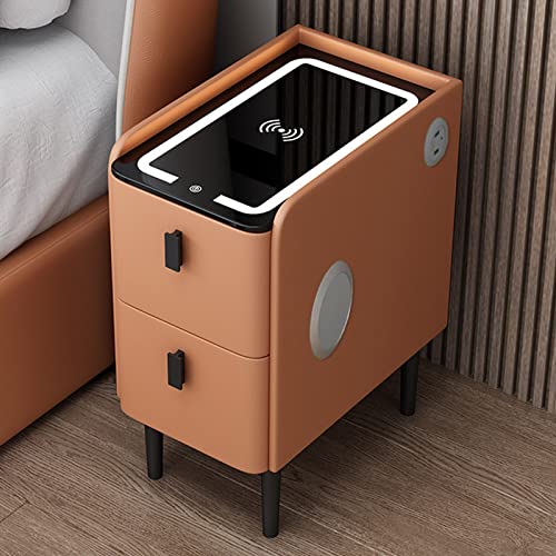 Weißer Nachttisch mit LED-Licht, USB-Ladeanschluss und Schublade, Kleiner schmaler Nachttisch fürs Schlafzimmer, stilvolle Möbel für Smart Homes