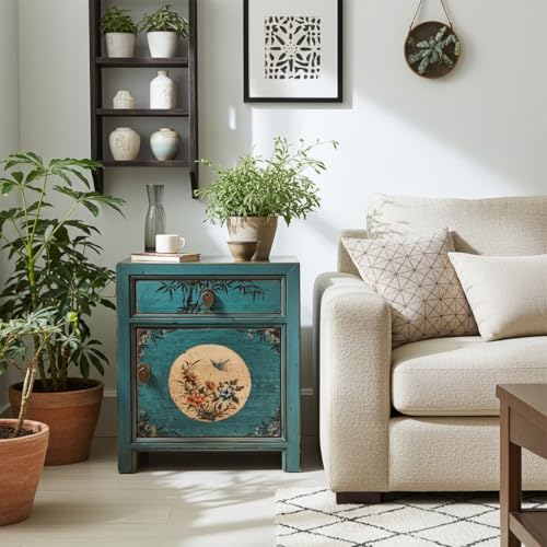 OPIUM OUTLET Chinesisches Nacht-Schränkchen asiatischer Nachttisch Kleiner Nacht-Schrank orientalische Schlafzimmer-Kommode Konsole Shabby-chic blau-türkis, komplett montiert