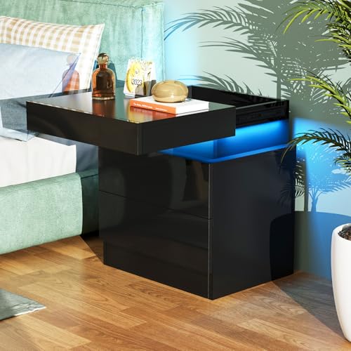 Lvhcmfohm Nachttisch Schwarz mit Led, Nachtschrank mit Schubladen und 16 Farben Beleuchtung, Geeignet für Schlafzimmer Wohnzimmer (45x35x52cm)
