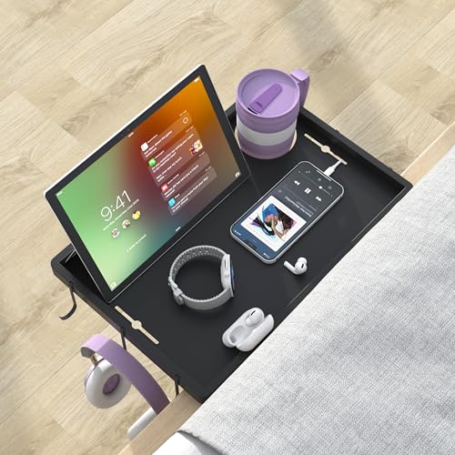 ANYHI Nachttischregal für Bett, Aluminium, Nachttisch zum Anklipsen, schwebender Nachttisch mit Getränkehalter, 6 Haken, Nachttisch für Betten, Etagen, Sofas, Stühle, Schwarz