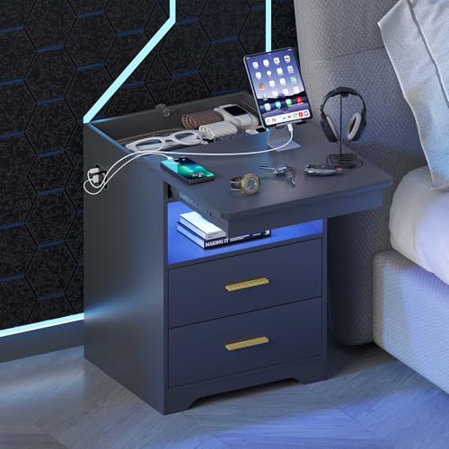 Gurexl LED Nachttisch mit Ladefunktion, Smart Nachtschrank mit Versteckte Schublade, Nachttische mit mit 3 Licht Dimmbar Abschließbare Schubladen USB Type-C Wohnzimmer Schwarz
