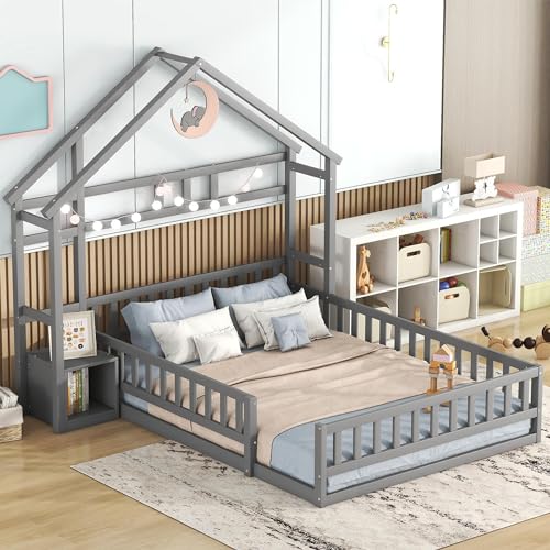 Kinderbett Bodenbett Hausbett 140x190 mit Nachttischen, Bett mit Rausfallschutz & Lattenrost, Gitterbett Kinder Jugendbett Doppelbett Bettgestell Flachbetten für Jungen & Mädchen, Ohne Matratze, Grau