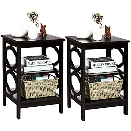COSTWAY 3 Ebenen, Beistelltisch Nachtschrank, Sofatisch Couchtisch Schlafzimmer, Wohnzimmer 40x40x61cm (2 Pack OO förmig, Braun)