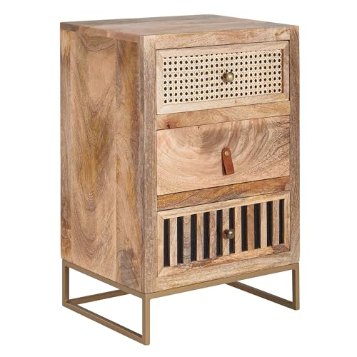 FineBuy Nachttisch Mango Massivholz/Metall 40x60x30 cm Nachtschrank Boxspringbett, Design Nachtkonsole mit 3 Schubladen, Nachtkommode Wiener Geflecht mit Stauraum