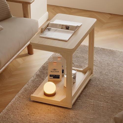Kleiner Beistelltisch auf Rollen, für Wohnzimmer oder Sofatisch, aus Holz, verstellbar, mit natürlicher Oberfläche, 60 x 40 x 63 cm