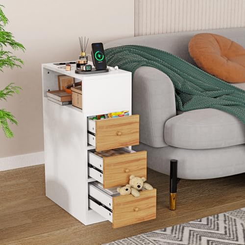 Chleby Nachttisch Schmal Nachttische mit Steckdose Beistelltisch mit 3 Schublade Schmaler Nachtschrank Hoher Nachttisch mit Ablagefächern 25x45x70cm Weiß braun