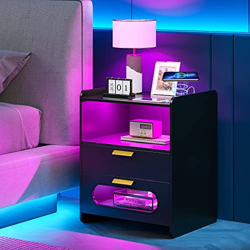 Lvifur Nachttisch RGB Led Licht,Nachttische mit 2 Schublade,Smart Nachttisch Menschliche Sensorfunktion,Nachtschra nk 20 Farblicht dimmbar mit Kabelloses Laden,Hochglanz Nachtkommode mit USB Laden