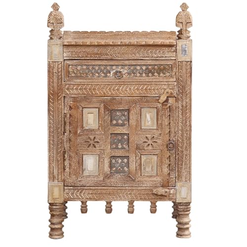 Marrakesch Boho Style Nachttisch kleine Kommode mit Schubladen aus Holz 84cm hoch | Beistelltisch für Schlafzimmer oder Kinderzimmer als Orientalische Möbel | Vintage Nachttische Hajiba Natur