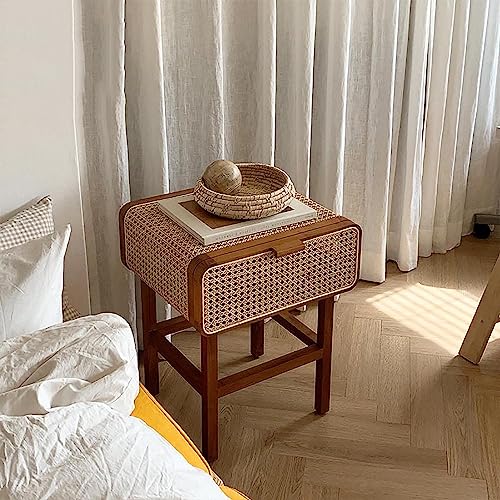 BK&MF Rattan Holz Nachttisch, Vintage Moderne Einfache Sofa End Beistelltisch Schrank mit Schublade Nachttisch Keine Installation für Schlafzimmer,A,43x48x60cm (17x19x24inch)