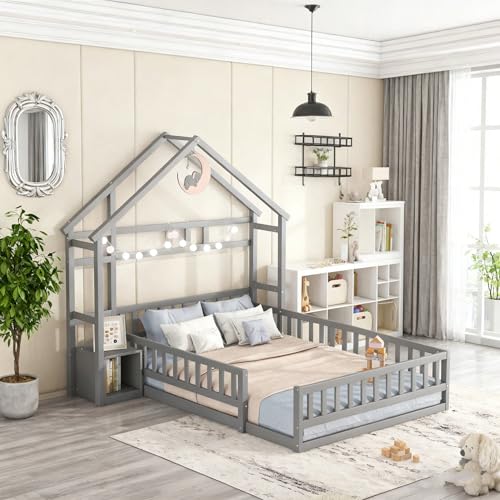 Kinderbett 140x190 cm in Grau | Flachbett in Hausform mit Sicherheitsgeländer | Inklusive Nachttisch | Ohne Matratze (Grey)