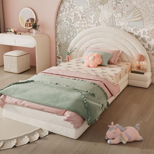 Merax Kinderbett Einzelbett 90x200cm, Polsterbett mit Kopfteil in Regenbogenform, Integrierter Nachttisch, Bodenbett Bettrahmen mit Stabile Lattenrost, Jugendbett, Vliesimitat, ohne Matratze, Beige Merax Kinderbett Einzelbett 90x200cm, Polsterbett mit Kopfteil in Regenbogenform, Integrierter Nachttisch, Bodenbett Bettrahmen mit Stabile Lattenrost, Jugendbett, Vliesimitat, ohne Matratze, Beige