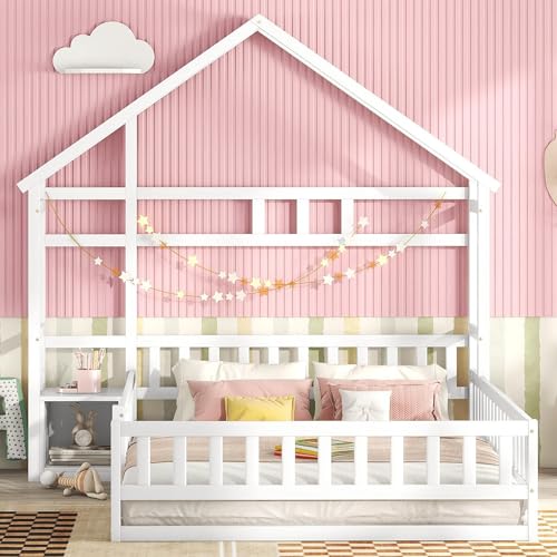 okwish Kinderbett 140x200cm, Hausbett mit Nachttischen und Geländer, Absturzsicherung Für Bodenbett, Montessori Bett Für Jungen und Mädchen, Ohne Matratze, Weiß