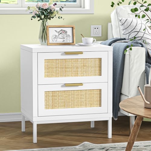 Yvsevnr Nachttisch, Nachttische mit 2 Schubladen, Boho Nachtschrank mit Rattan, Kleine Kommode für Schlafzimmer, Wohnzimmer, Einfach zu Montieren 48 x 35.3 x 54.6 cm