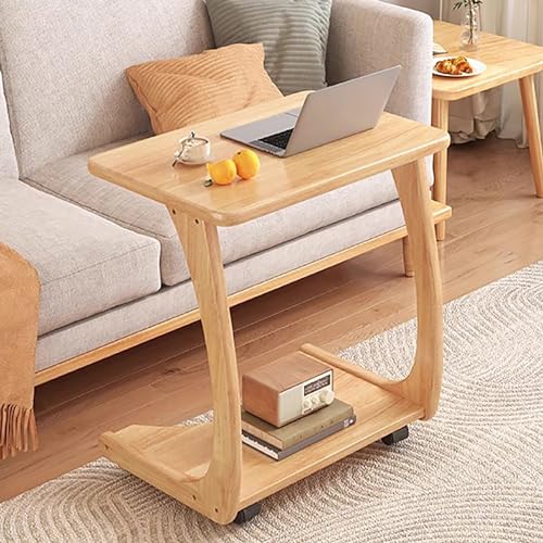 Moderner Beistelltisch aus Holz mit 2 Ebenen, rollbarer Couchtisch, doppellagig, Sofa, Konsole, Nachttisch für Wohnzimmer, stilvoller Akzenttisch (Farbe: Holz)