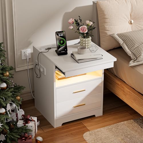 Nachttisch mit 2AC-Steckdose/2 USB-Anschlüsse & 1 RGB LED-Beleuchtung, Nachtkästchen mit 2 Schubladen & 1 Ausziehrega & 1 offene Partition,Platzsparend für Schlaf & Arbeitszimmer(45x40x58 cm,Weiß)