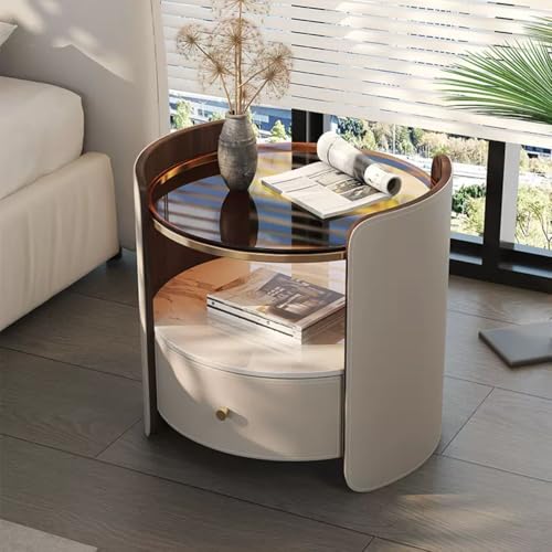 JYBNBBE Nachttisch mit Schubladen, Minimalistischer Nachttisch für Schlafzimmer, Schreibtisch aus gehärtetem Glas, Moderner Beistelltisch,Light Gray