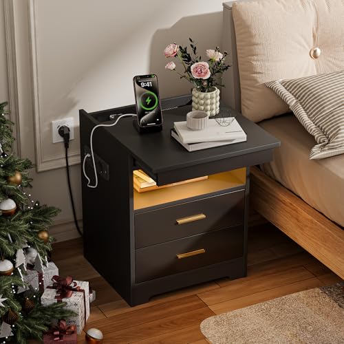 Nachttisch mit 2AC-Steckdose/2 USB-Anschlüsse & 1 RGB LED-Beleuchtung, Nachtkästchen mit 2 Schubladen & 1 Ausziehrega & 1 offene Partition,Platzsparend für Schlaf & Arbeitszimmer(45x40x58 cm,Schwarz)