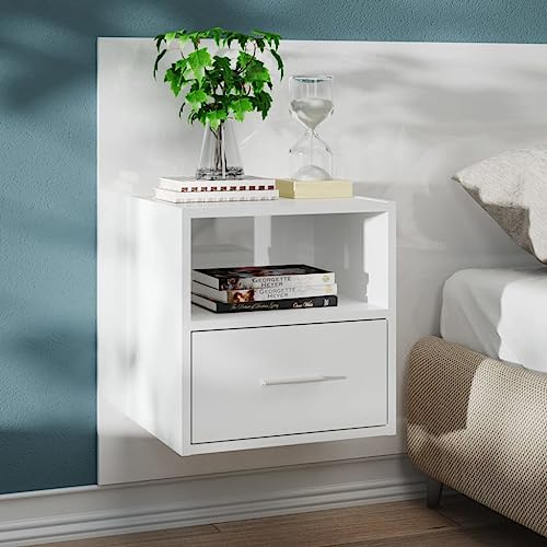 CongVVFV Wand-Nachttisch Hochglanz-Weiß mit Schublade zur Aufbewahrung, multifunktionaler Wandmontage Nachttisch für Bücher und Dekoration, platzsparendes Möbelstück