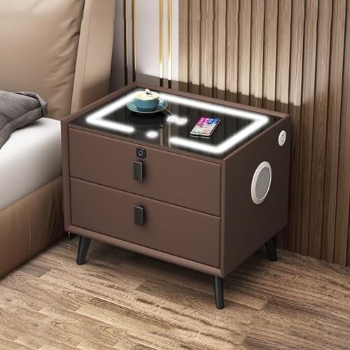 Moderner, intelligenter Nachttisch mit Ladestation, 2 USB-Anschlüssen und LED-Licht, Beistelltisch aus Holz mit 2 Schubladen für das Schlafzimmer, multifunktionaler Aufbewahrungsschrank (Bra