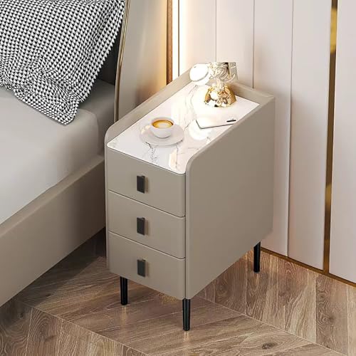 Moderner Nachttisch mit 3 Schubladen, Kunstleder und Steinplatte, platzsparender Nachttisch für Schlafzimmer-Organisation