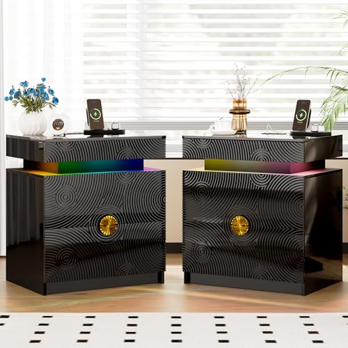 Gurexl RGB Nachttisch 2er Set mit und Geheimfach und Bewegungsmelder,Bedside Table mit Dynamische Beleuchtungs und Ladefunktionen,Nachtkommo de mit USB & Type-c für Schlafzimmer,Wohnzimmer,S chwarz