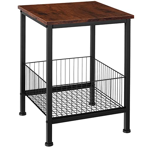 tectake Beistelltisch mit Gitterkorb, Nachttisch im Industrie-Design, 40 x 40 x 55,5 cm, 2 Ebenen, für Wohnzimmer Schlafzimmer Büro, Holz, schwarzes Metallgestell (Industrial Dunkelbraun)