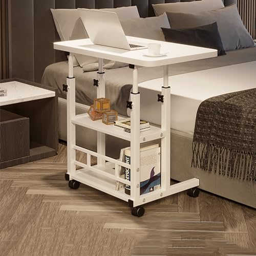 Mobiler höhenverstellbarer Stehpult mit Rollen, C-förmiger Rollwagen, vielseitiger Nachttisch und TV-Tablett mit Ablagen für Sofa – Bianco, 60 x 40 cm