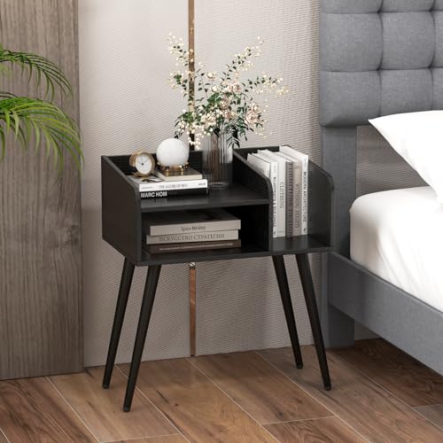 GIANTEX Nachttisch, Nachtschrank mit 3 offenem Fach, Beistelltisch Sofatisch Holz mit 4 Metallstützbeinen, Nachtkommode für Wohnzimmer Schlafzimmer, 50 x 32 x 58 cm (Anthrazit)