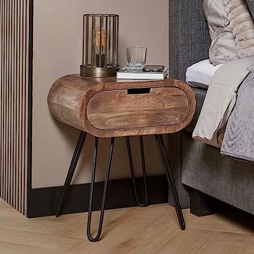 RINGO-Living Massivholz Nachttisch Sanoe mit Schublade, Stauraum Nachttisch Industrial Style, Wohnzimmertisch 60 cm hoch, Nachttisch abgerundete Ecken, Nachttisch Holz & Metall, Nachttisch Hellbraun