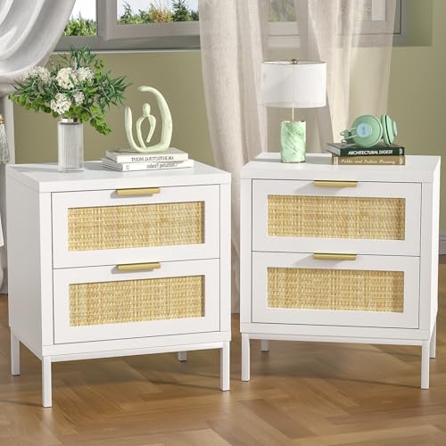 Yvsevnr Rattan Nachttisch 2er Set Holz Nachttisch Boho Nachttische mit 2 Schubladen, Beistelltisch für Schlafzimmer, Wohnzimmer 48 x 35 x 54 cm