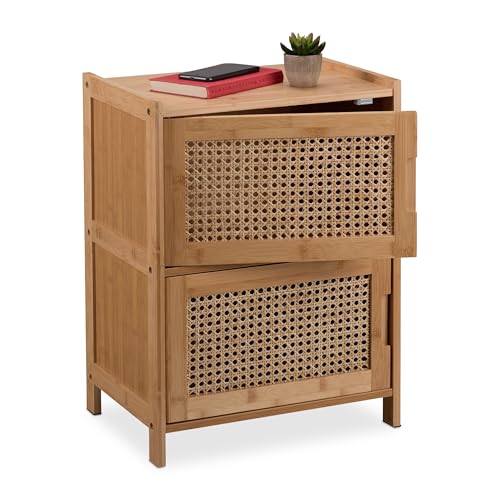 Relaxdays Beistellschrank, 2 Rattan-Türen, HBT: 56x42x30 cm, Wohnzimmer, Schlafzimmer, Flur, 2 Fächer, Nachttisch, Natur