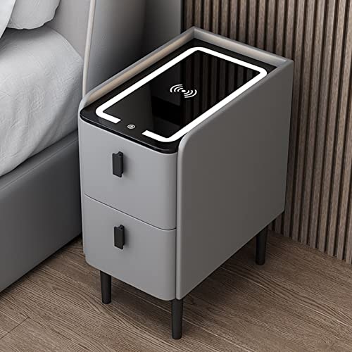 Weißer Nachttisch mit LED-Licht, USB-Ladeanschluss und Schublade, Kleiner Nachttisch für das Schlafzimmer, schmaler Nachttisch