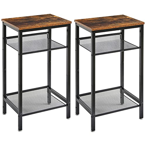 YMYNY Beistelltisch 2er Set, Nachttisch, verstellbare Regale und Füße, Telefontisch, Sofatisch aus Holz, Metallgestell, Industriestil, für Wohnzimmer, Schlafzimmer, Büro, Vintage-Schwarz HST005H-2