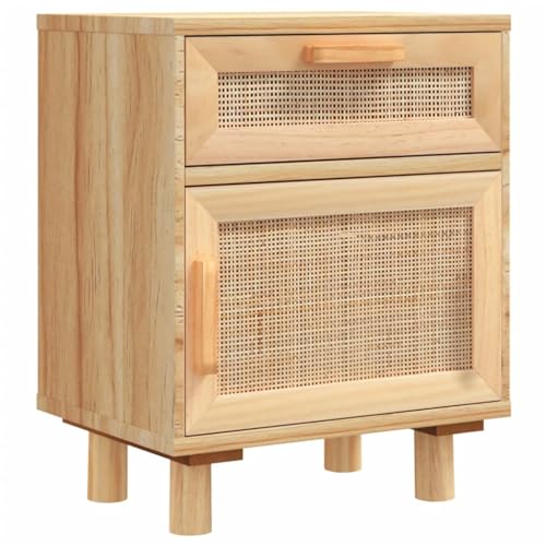 vidaXL Nachttisch 1 Schublade 1 Fach Nachtschrank Nachtkonsole Nachtkommode Schlafzimmer Schrank Kommode Braun Massivholz Kiefer Natur-Rattan