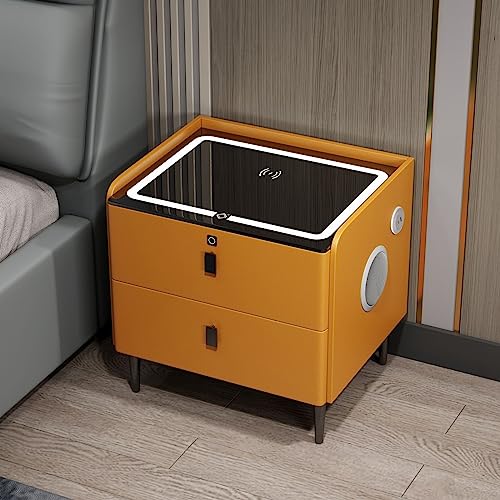 XMDEUR Intelligenter Nachttisch mit Ladestation, kabelloser Beleuchtung, Fingerabdruckschloss, Bluetooth-Lautsprecher, moderner Kleiner Nachttisch mit 2 Schubladen für Schlafzimmer und Wohnzimmer