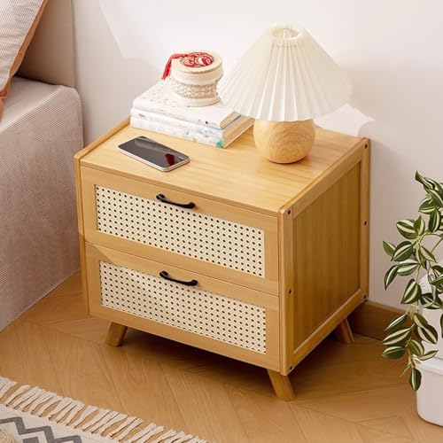 WYRNOBRX Holz Nachtschrank Vintage Nachttisch Nachtkästchen Mit Zwei Eichefarben Schubladen Nachtkommode Massivholzbeine Aktenschrank Für Schlafzimmer Aufbewahrungsschrank,Natu ral,L20 W14 H18