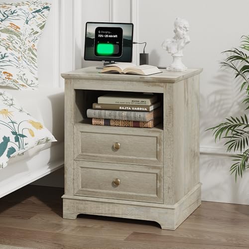 Anunweldo Nachttisch mit Schubladen und Ladestation?Einzeln Nachttisch (Vintage Graugrün)