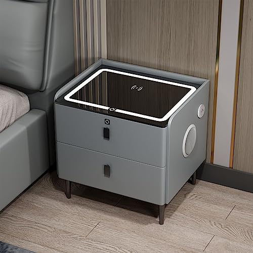 GAOAZHEN Intelligenter Nachttisch mit Ladestation, kabelloser Beleuchtung, Fingerabdruckschloss, Bluetooth-Lautsprecher. Moderner Kleiner Nachttisch mit 2 Schubladen für Schlafzimmer und Wohnzimmer.